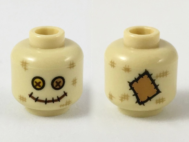 Minifigure, Head Dark Tan Scuff Marks, Bright Light Orange and Medium Nougat Button Eyes, Stitched Mouth (Scarecrow) Pattern