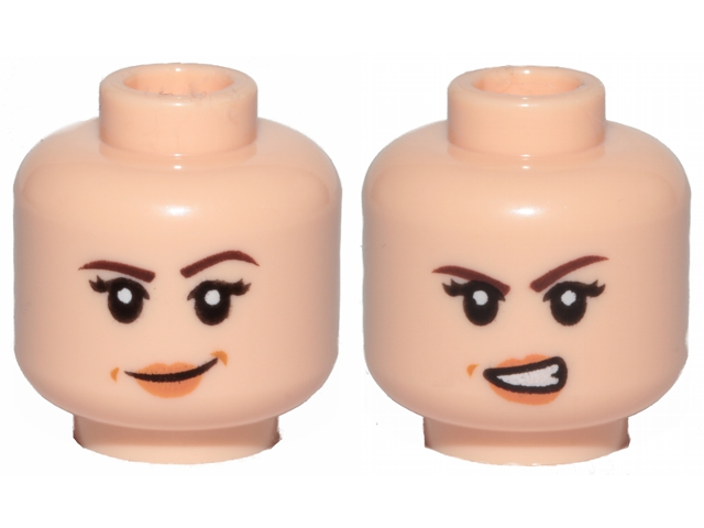 Minifigure, Head Dual Sided Female Dark Brown Eyebrows, Black Eyelashes, Nougat Lips, Medium Nougat Dimples, Lopsided Grin / Angry Open Mouth Scowl with Teeth Pattern