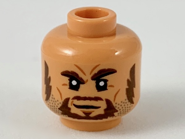 Minifigure, Head Dark Brown Sideburns, Goatee, and Eyebrows, Left Raised, Dark Bluish Gray Whiskers Pattern