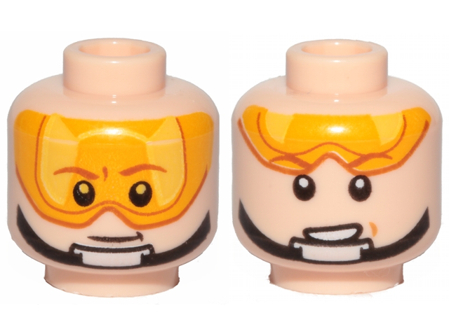 Minifigure, Head Dual Sided Orange Visor, Brown Eyebrows, Chin Strap, Smile, Visor Down / Visor Up Pattern (SW Luke Skywalker)