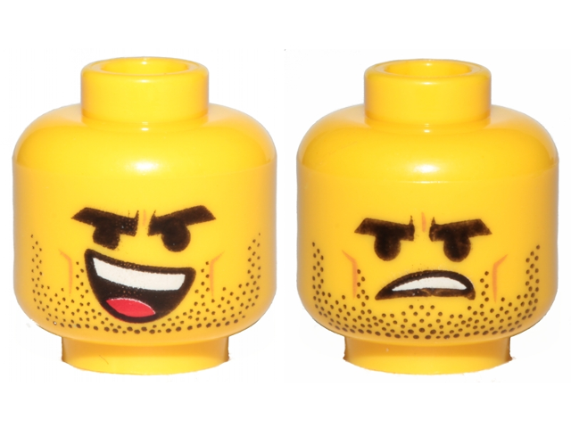 Minifigure, Head Dual Sided Black Eyebrows, Stubble, Open Smile, Tongue / Angry Pattern (Rex Dangervest)