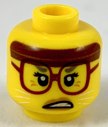 Minifigure, Head Female, Reddish Brown Headband, Dark Red Glasses, White Cat Whiskers, Scowling Pattern