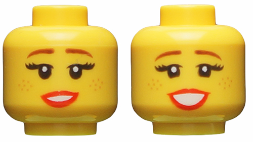 Minifigure, Head Dual Sided Female, Reddish Brown Eyebrows, Freckles, Red Lips, Medium Smile / Large Smile Pattern