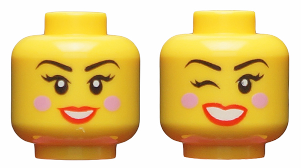 Minifigure, Head Dual Sided Female, Black Eyebrows, Bright Pink Blush, Red Lips, Smiling / Winking Right Eye Pattern