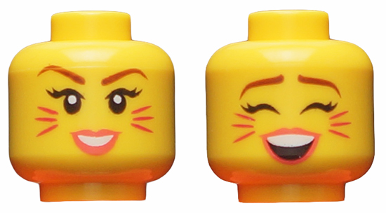 Minifigure, Head Dual Sided Female, Reddish Brown Eyebrows, Magenta Cat Whiskers, Coral Lips, Smiling / Singing with Closed Eyes Pattern