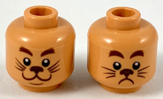 Minifigure, Head Dual Sided Reddish Brown Eyebrows, Dark Brown Nose and Whiskers, Smiling / Scared Pattern