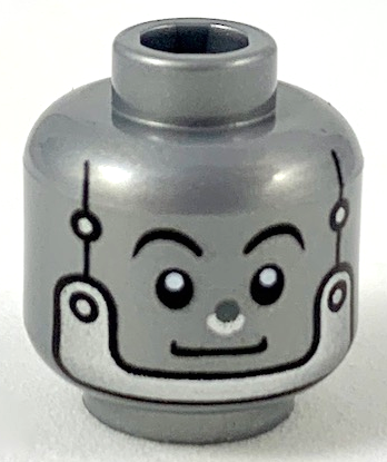 Minifigure, Head Alien Robot Black Eyebrows, Silver Nose, Rivets and Chin Strap Pattern