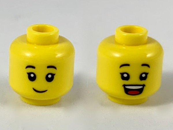 Minifigure, Head Dual Sided Child Female Black Eyebrows, Grin / Open Mouth Smile Pattern