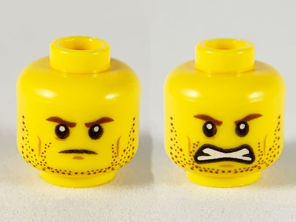 Minifigure, Head Dual Sided Reddish Brown Eyebrows and Stubble, Cheek Lines, Frown / Open Mouth Grimace Pattern