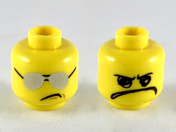 Minifigure, Head Dual Sided Plain Silver Sunglasses / Scribble-Face Frown Pattern