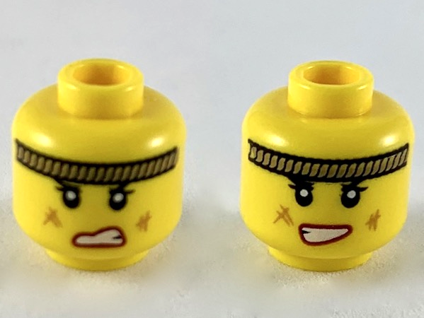 Minifigure, Head Dual Sided Female Dark Tan Rope Headband, Red Lips, Medium Nougat Scuff Marks, Open Mouth with Teeth, Grimace / Lopsided Smile Pattern