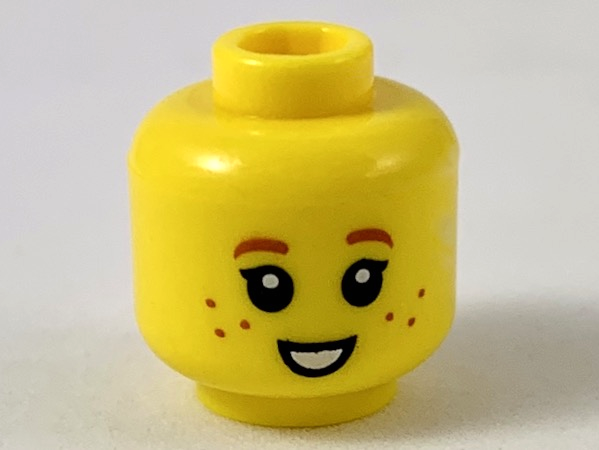 Minifigure, Head Child Female Dark Orange Eyebrows and Freckles, Single Eyelashes, Small Open Mouth Smile with Teeth Pattern