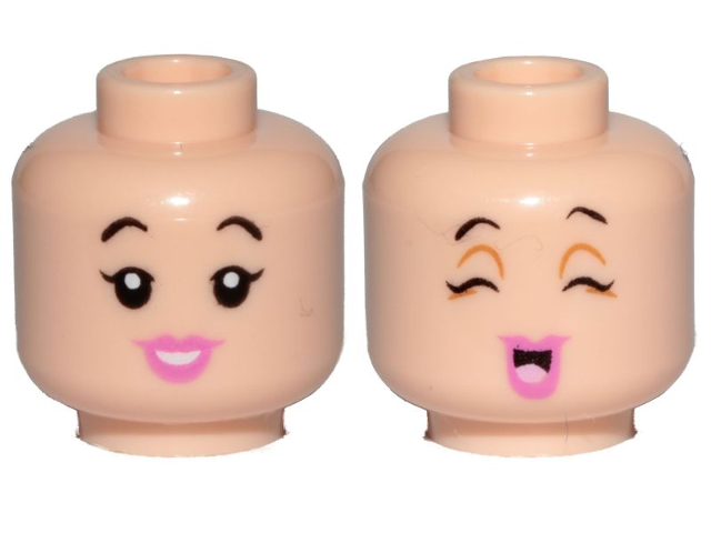 Minifigure, Head Dual Sided Female, Black Eyebrows, Pink Lips, Smile / Cheerful Pattern (Betty Rubble)