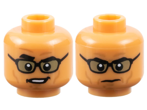 Minifigure, Head Dual Sided Black Thick Eyebrows, Glasses with Dark Tan Lenses, Medium Nougat Cheek Lines, Chin Dimple, and Wrinkles, Lopsided Open Mouth Smirk with Teeth / Stern Pattern