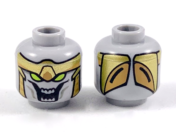 Minifigure, Head Alien with Gold Armor, Lime Eyes, Large Open Mouth with 8 Teeth Pattern