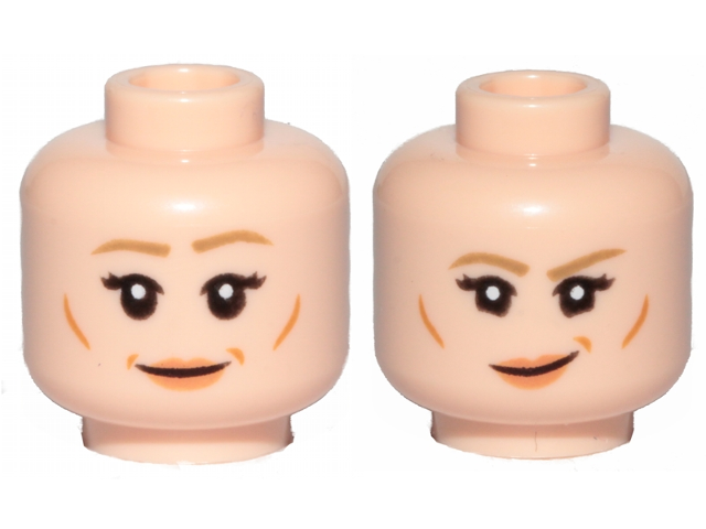 Minifigure, Head Dual Sided Female Dark Tan Eyebrows, Nougat Lips, Lines on Cheeks, Eyebrow Raised, Smile / Smirk Pattern (Leia)