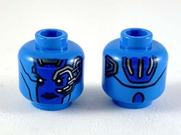 Minifigure, Head Alien Female with Blue Face, Dark Blue Lips, Mechanical Left Eye, Silver Stripes on Back, Neutral Pattern