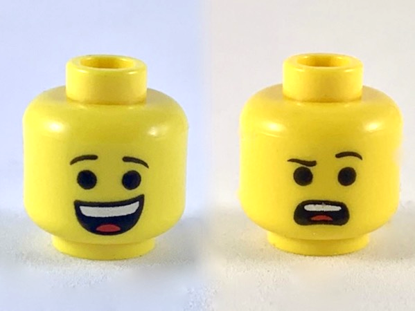 Minifigure, Head Dual Sided Large Open Mouth Grin / Confused with Left Eyebrow Raised and Open Mouth Pattern (Emmet)