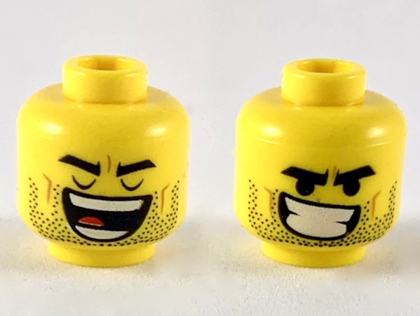 Minifigure, Head Dual Sided Black Eyebrows, Stubble, Closed Eyes and Wide Open Mouth / Lopsided Grin with Teeth Pattern (Rex Dangervest)