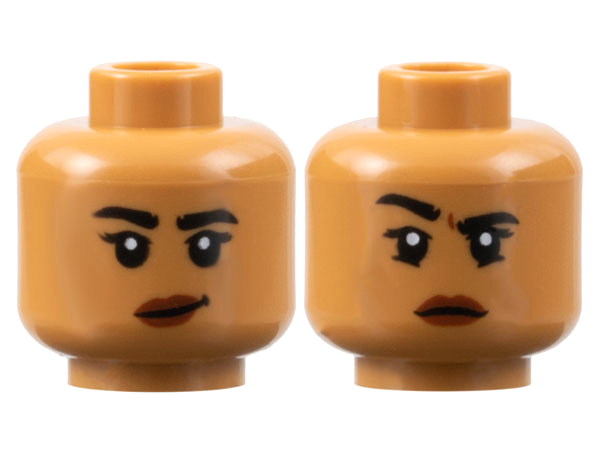 Minifigure, Head Dual Sided Female, Black Eyebrows, Reddish Brown Lips, Lopsided Grin / Right Eyebrow Raised Pattern