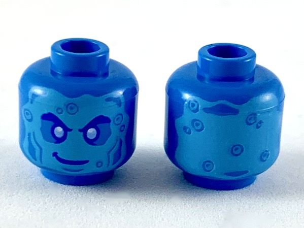 Minifigure, Head Alien with Medium Azure Face, Bright Light Blue Eyes, Bubbles, and Lopsided Smile Pattern