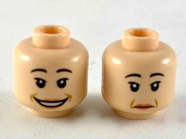 Minifigure, Head Dual Sided Female, Black Eyebrows, Medium Nougat Lips and Jowel Lines, Wide Smile / Neutral Pattern