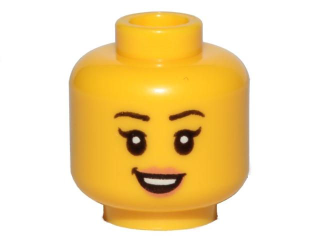 Minifigure, Head Female Black Eyebrows, Single Eyelashes, Nougat Lips, Open Mouth Smile with Top Teeth Pattern