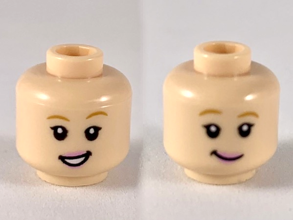 Minifigure, Head Dual Sided Female Medium Nougat Eyebrows, Bright Pink Lips, Open Mouth Smile with Teeth / Grin Pattern