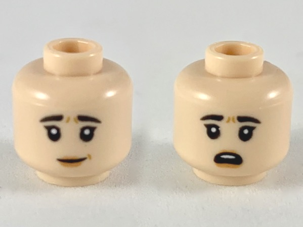 Minifigure, Head Dual Sided Female Black Eyebrows, Peach Lips, Worried Smile / Surprised Pattern