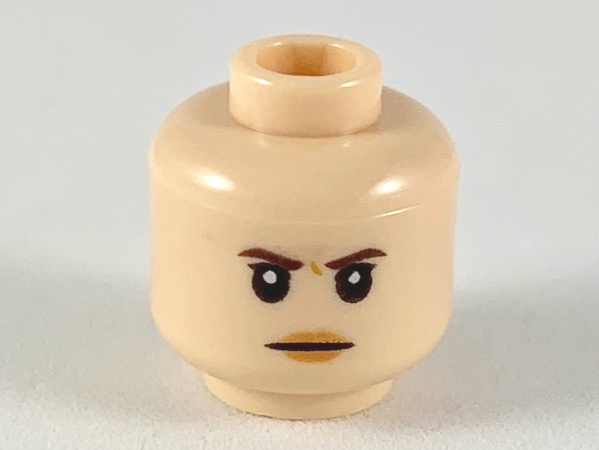 Minifigure, Head Female Dark Brown Eyebrows, Dark Orange Wrinkle Between Eyes, Peach Lips Pattern