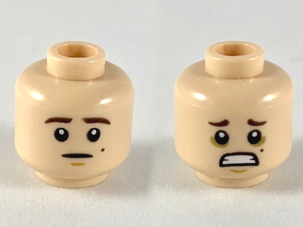 Minifigure, Head Dual Sided Dark Brown Eyebrows, Mole on Left Cheek, Neutral / Scared Pattern