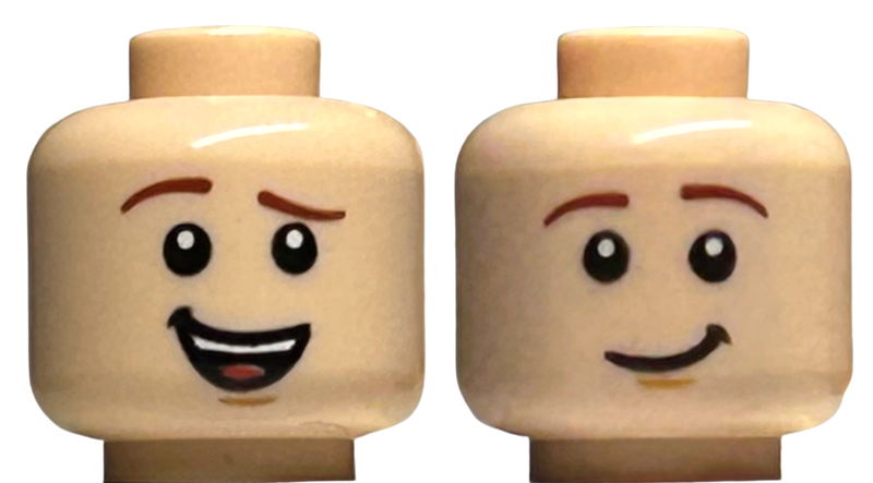 Minifigure, Head Dual Sided Reddish Brown Eyebrows, Medium Nougat Chin Dimple, Lopsided Open Mouth Smile with Teeth and Tongue / Lopsided Grin Pattern