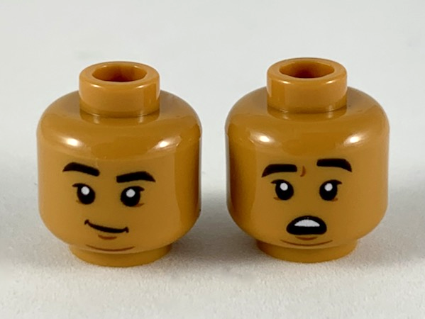 Minifigure, Head Dual Sided Black Eyebrows, Reddish Brown Chin, Grin / Scared Pattern