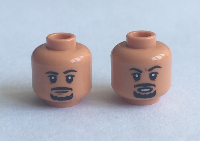 Minifigure, Head Dual Sided Black Eyebrows, Moustache and Goatee, White Pupils, Neutral / Angry Pattern