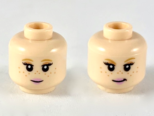 Minifigure, Head Dual Sided Female Medium Nougat Eyebrows and Freckles, Pink Lips, Neutral / Small Smirk Pattern