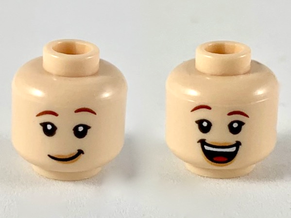 Minifigure, Head Dual Sided Female Reddish Brown Eyebrows, Nougat Lips, Lopsided Grin / Wide Open Smile Pattern