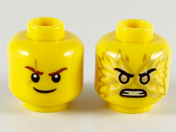 Minifigure, Head Dual Sided Reddish Brown Eyebrows, Scar, White Pupils, Smile / Gold Pupils, Fire, Angry Pattern