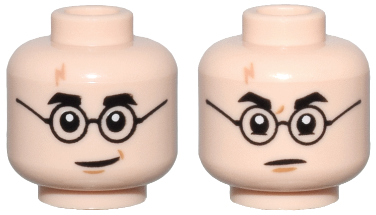 Minifigure, Head Dual Sided Black Eyebrows, Round Glasses, Nougat Lightning Scar, Medium Nougat Chin Dimple and Lines, Slight Lopsided Grin / Frown Pattern
