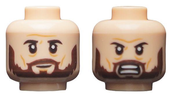 Minifigure, Head Dual Sided Black Eyebrows, Dark Brown Beard, Neutral / Fierce Pattern
