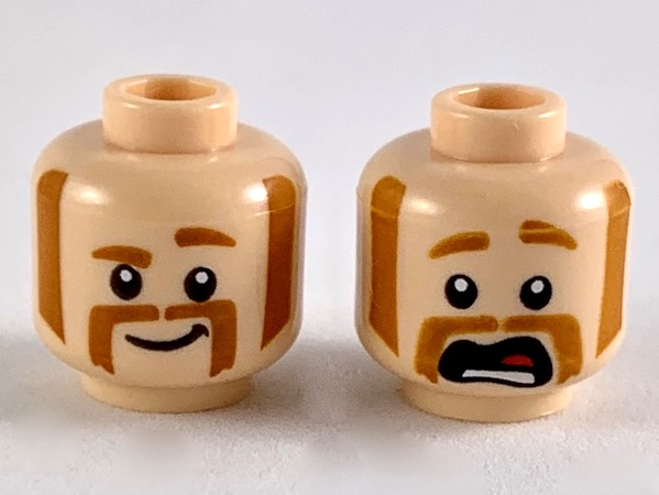 Minifigure, Head Dual Sided Dark Orange Eyebrows, Mutton Chops and Horseshoe Moustache, Smile with Raised Eyebrow / Scared Pattern