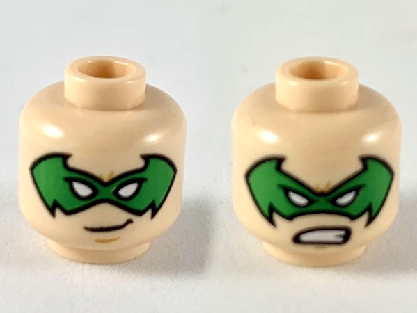 Minifigure, Head Dual Sided Green Bat-Shaped Domino Mask with White Eyes, Grin / Fierce Pattern
