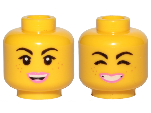 Minifigure, Head Dual Sided Female Black Eyebrows, Freckles, Eyelashes, Pink Lips, Open Mouth Smile / Cheerful Pattern (Lucy)