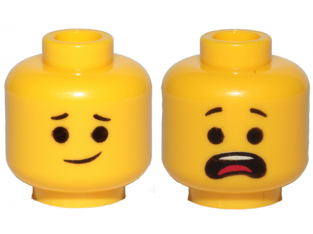 Minifigure, Head Dual Sided Lopsided Smile / Open Mouth Scared, Raised Eyebrows Pattern (Emmet)