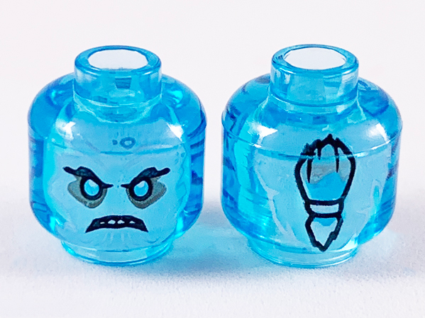 Minifigure, Head White Face, Black Eyebrows, Bright Light Blue Eyes, Scowl, Ponytail in Back Pattern