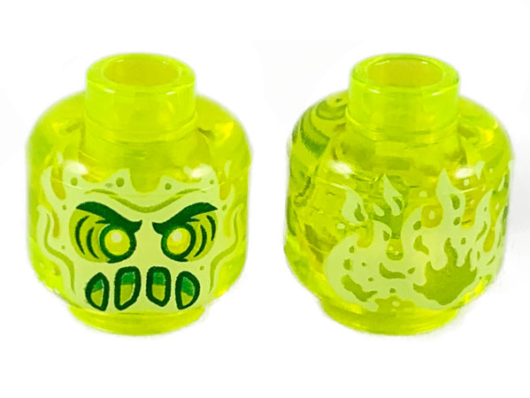 Minifigure, Head Alien Ghost with Yellowish Green Face, Dark Green Thick Eyebrows, Lime Eye Shadow, Furrowed Brow, Green Angry Open Mouth with Slime, Flames on Back Pattern