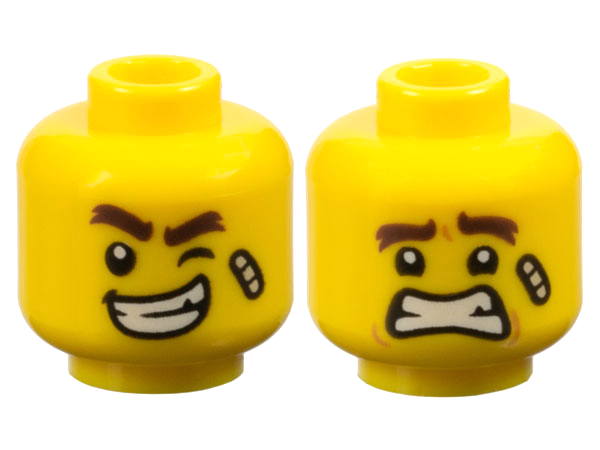 Minifigure, Head Dual Sided Dark Brown Thick Eyebrows, Bandage, Wink and Lopsided Open Mouth Smile with Teeth / Scared Pattern