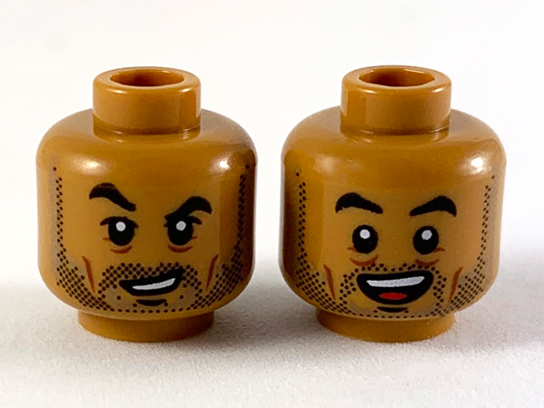 Minifigure, Head Dual Sided Black Eyebrows and Stubble, Raised Right Eyebrow / Open Mouth Smile Pattern