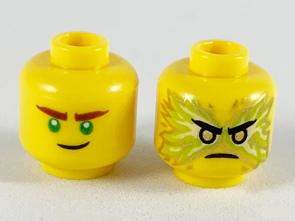 Minifigure, Head Dual Sided Reddish Brown Eyebrows, Green Eyes, Crooked Smile / Black Eyebrows, Gold Eyes, Energy, Angry Pattern (Lloyd)