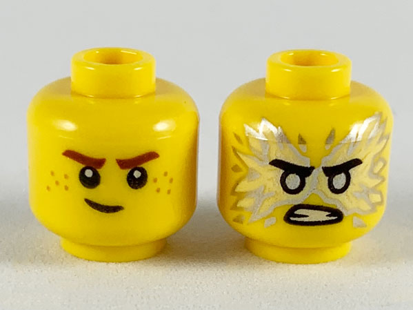 Minifigure, Head Dual Sided Reddish Brown Eyebrows, White Pupils, Lopsided Smile / Black Eyebrows, Flat Silver Eyes, Energy, Angry Pattern (Jay)