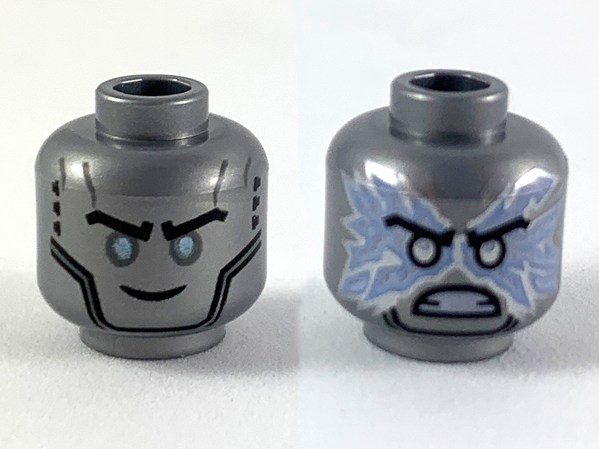 Minifigure, Head Dual Sided Black Eyebrows, Silver Eyes, Smile / Silver Pupils, Energy, Angry Pattern (Zane)